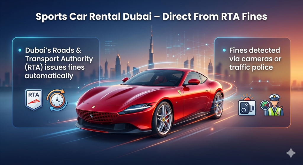 "User guide infographic showing a premium sports car with top title 'Sports Car Rental Dubai – Direct From RTA Fines', key points on both sides about automatic RTA fines and camera detection, in animated infographic style with Dubai skyline background."