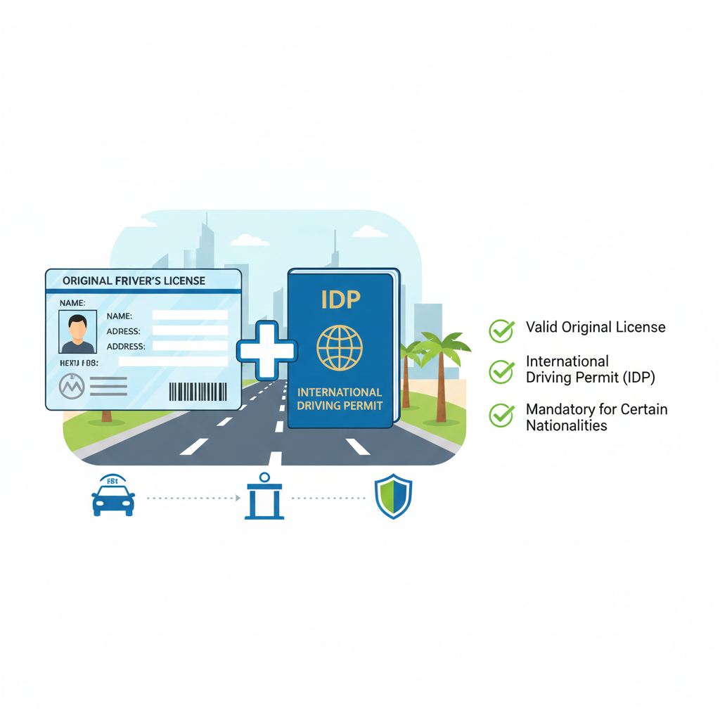 Infographic showing original driver license paired with international driving permit for Dubai legal driving compliance