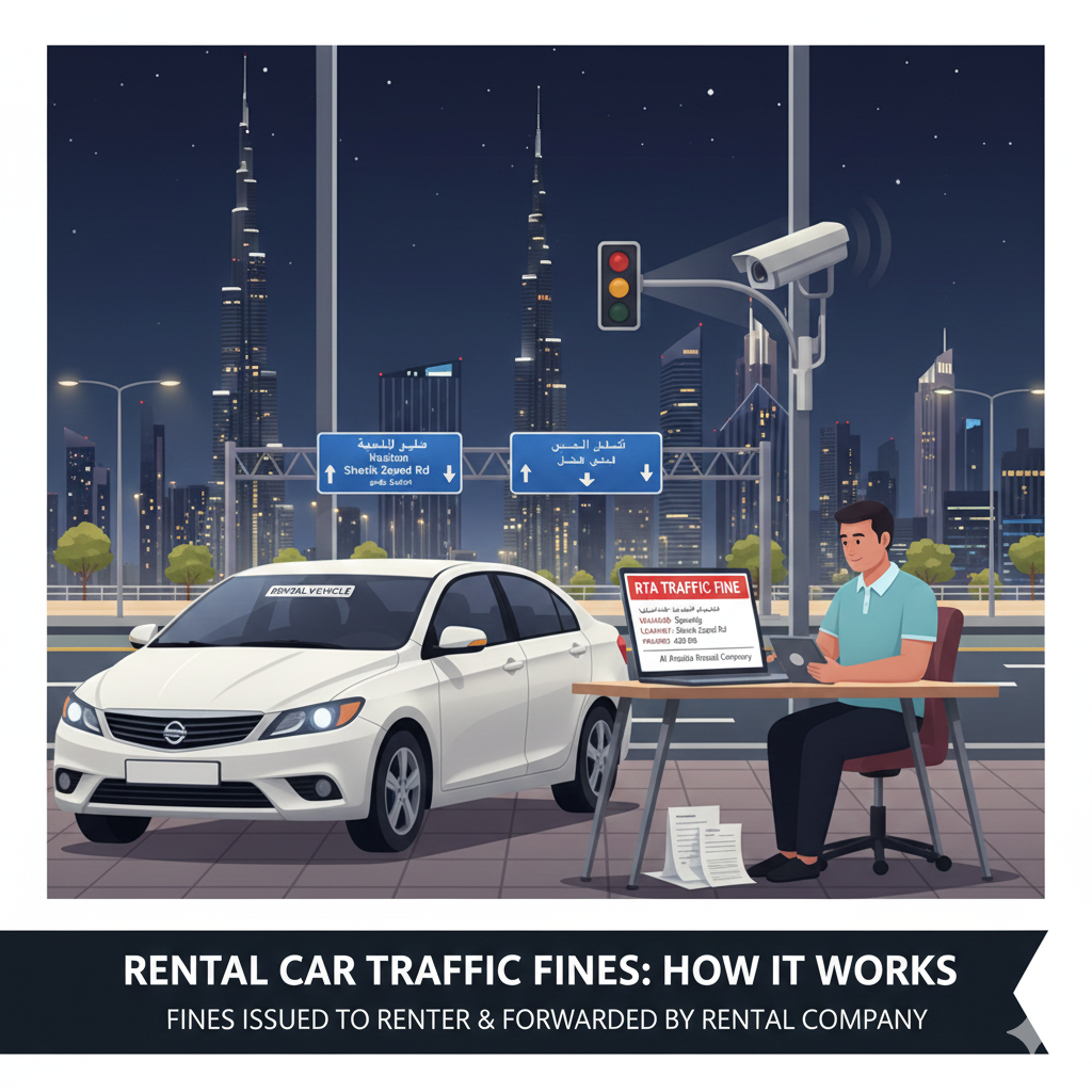 How Traffic Fines Work for Rental Cars Dubai 2026 – Feature Image Illustration of a rental car in Dubai receiving a traffic fine notification, with the driver checking details on a mobile device and visual elements like traffic signs and speed cameras.