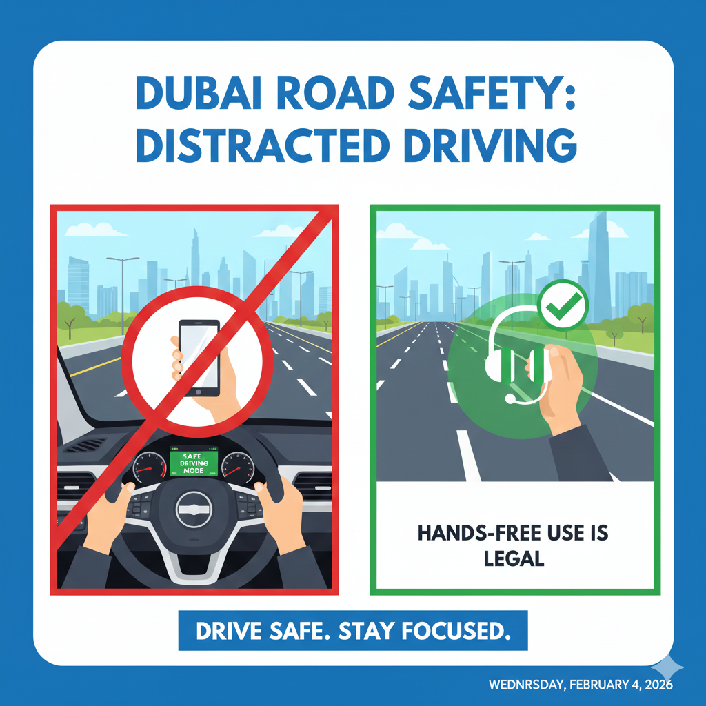 Infographic showing Dubai mobile phone driving ban and hands-free rule