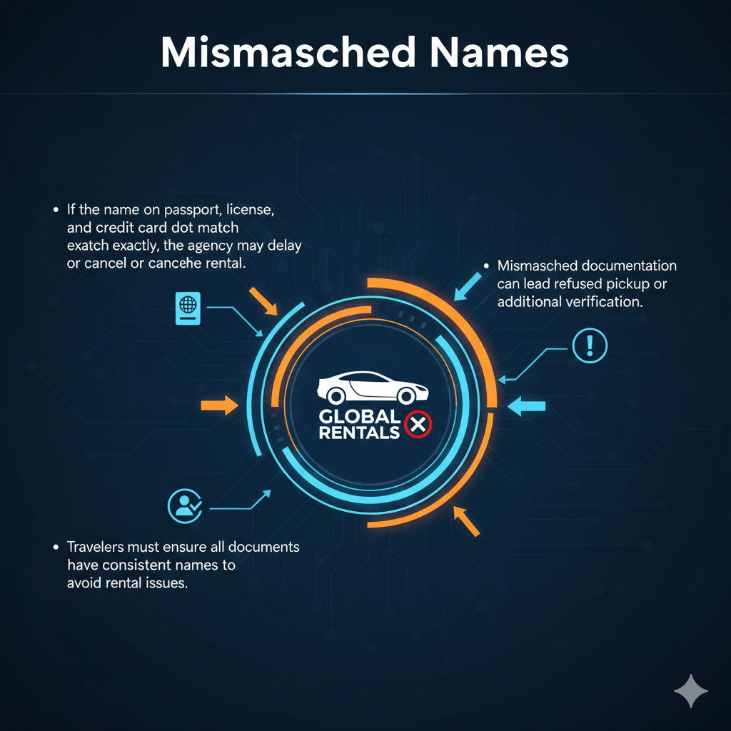Feature image for user guide titled 'Mismatched Names', showing key points on left and right sides, with a central brand image highlighted using animated infographic elements.