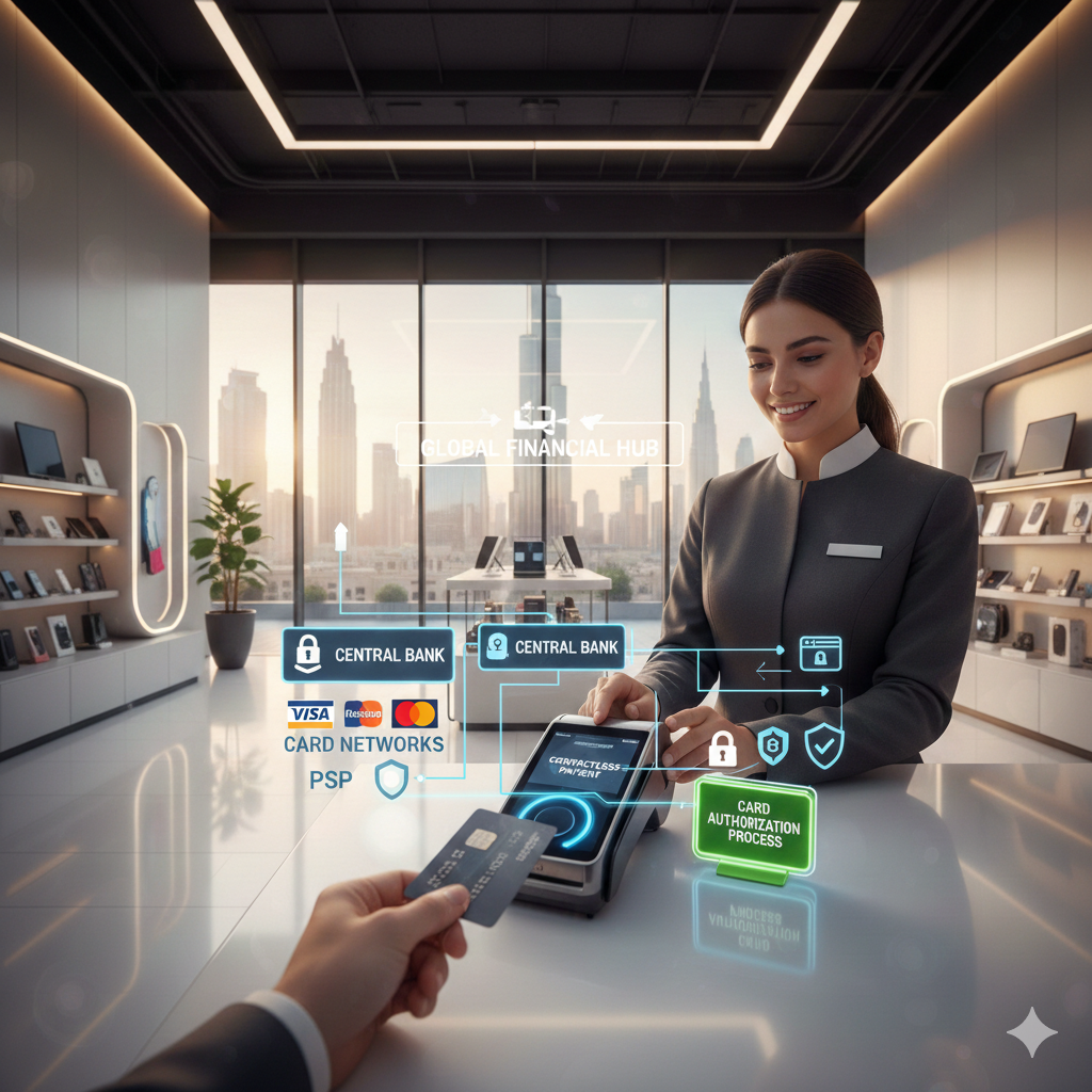 Dubai retail store showing a cashier processing a debit card payment at a POS terminal with icons for Central Bank, card networks, and payment service providers, illustrating debit card acceptance rules Dubai.