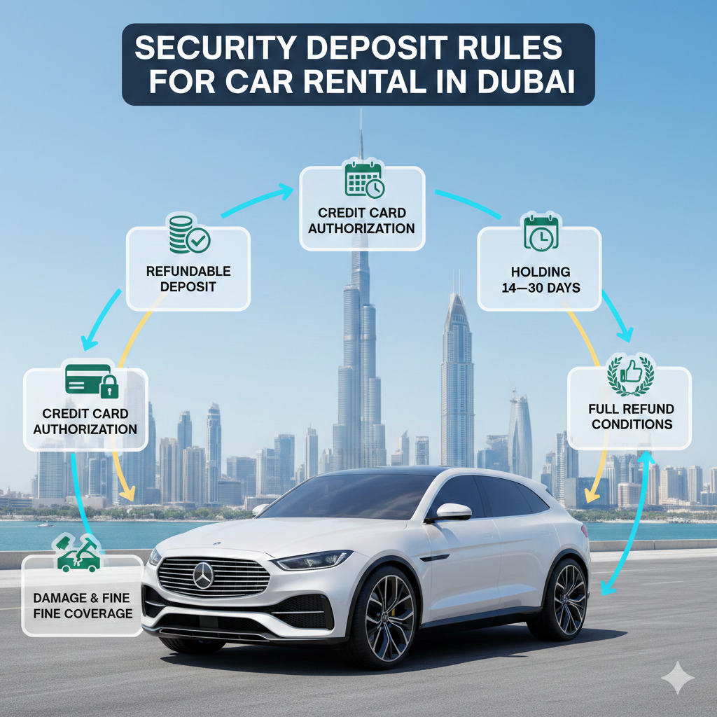 “Animated user guide showing security deposit rules for car rental in Dubai, featuring a luxury car in the center, Dubai skyline background, and key points on refundable deposit, credit card authorization, damage coverage, holding period, and full refund conditions displayed around.”