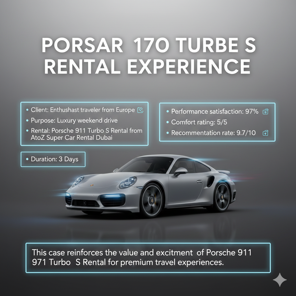 User guide style image showing Porsche 911 Turbo S in the center with animated effects, dynamic title at the top, and client experience bullet points on both sides.
