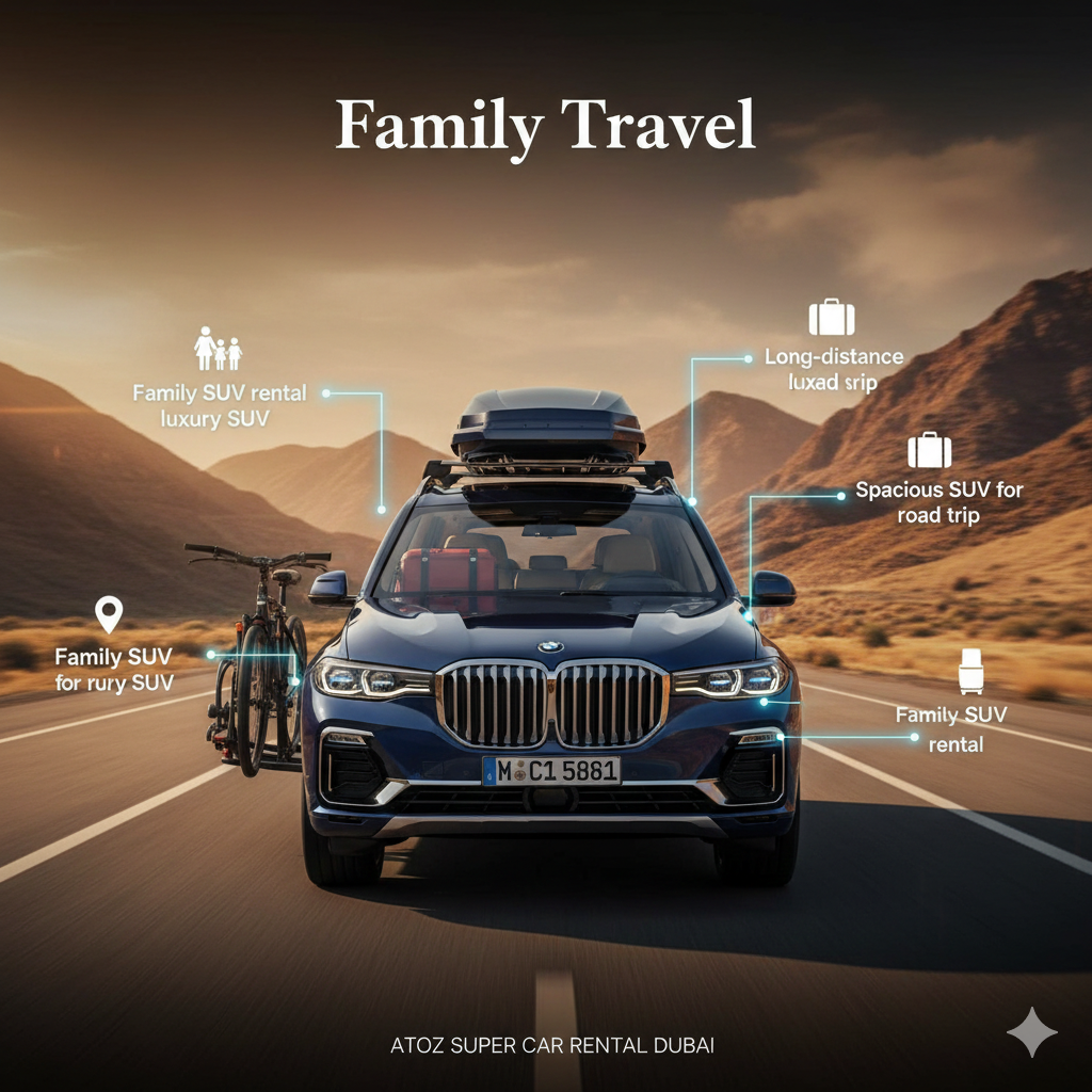 Family Travel BMW X7 user guide image showing a BMW X7 SUV in the center packed for a family road trip with key points on sides: Family SUV rental, Long-distance luxury SUV, Spacious SUV for road trip.
