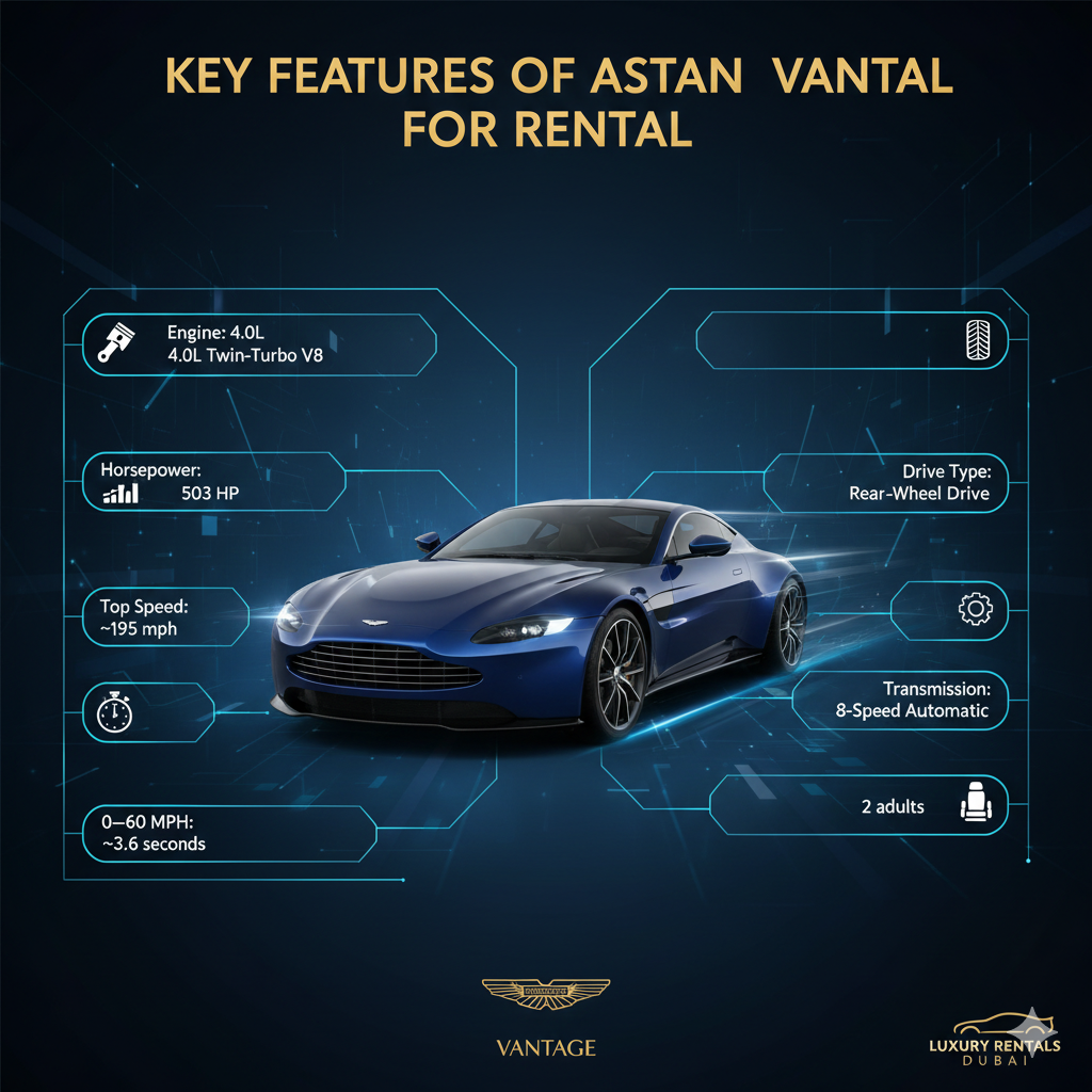Infographic-style user guide showing Aston Martin Vantage in the center with title at the top and side spaces for key features such as engine, horsepower, top speed, 0–60 mph, drive type, transmission, and seating in animated infographic style.
