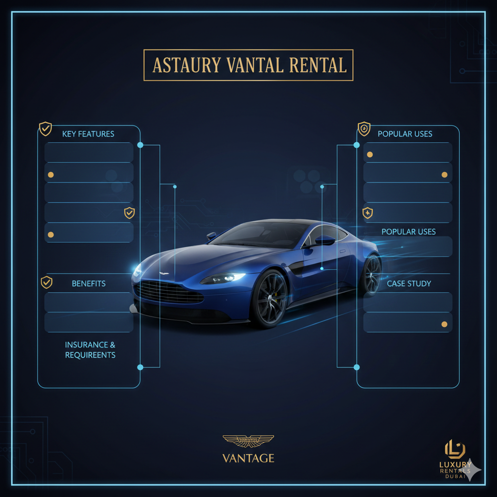 High-end user guide infographic featuring Aston Martin Vantage in the center with title at the top and side spaces for key points like features, benefits, insurance, and rental uses in animated infographic style.