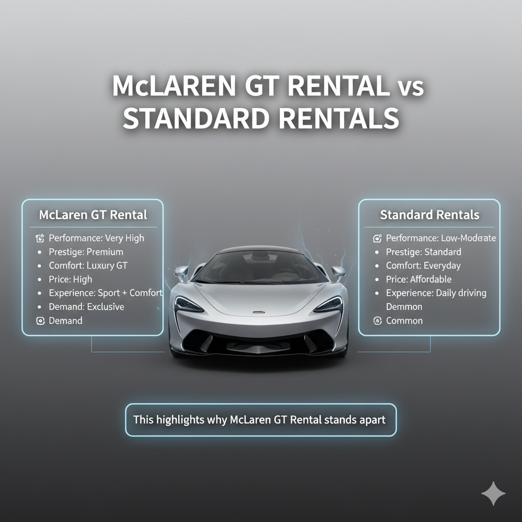 User guide style image showing McLaren GT in the center with animated effects, dynamic title at the top, and comparison bullet points between McLaren GT Rental and standard car rentals on both sides.
