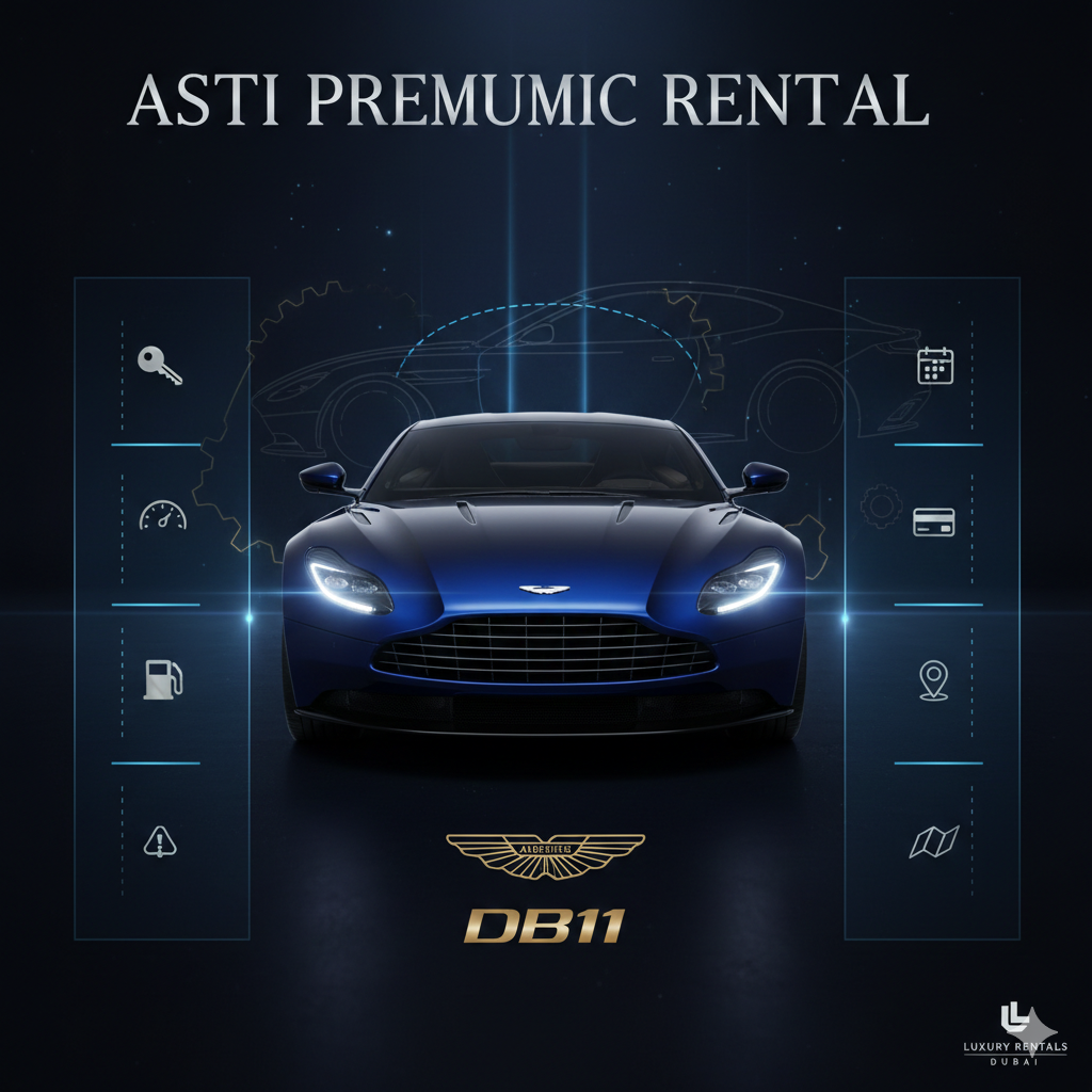 Aston Martin DB11 Rental user guide illustration with the title at the top, animated luxury car in the center, and side spaces for key points or instructions.