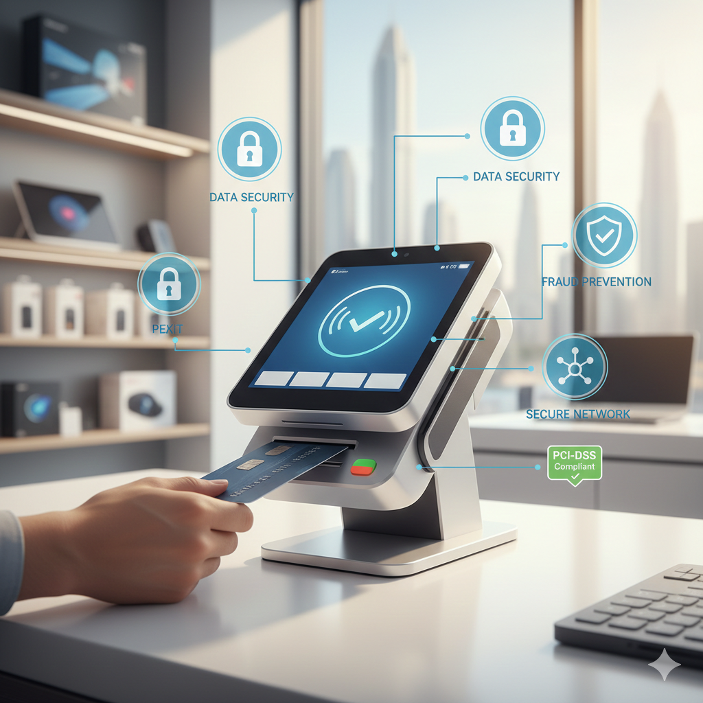 Customer making a debit card payment on a PCI-DSS-compliant POS terminal in Dubai, illustrating POS machine standards and debit card acceptance rules.