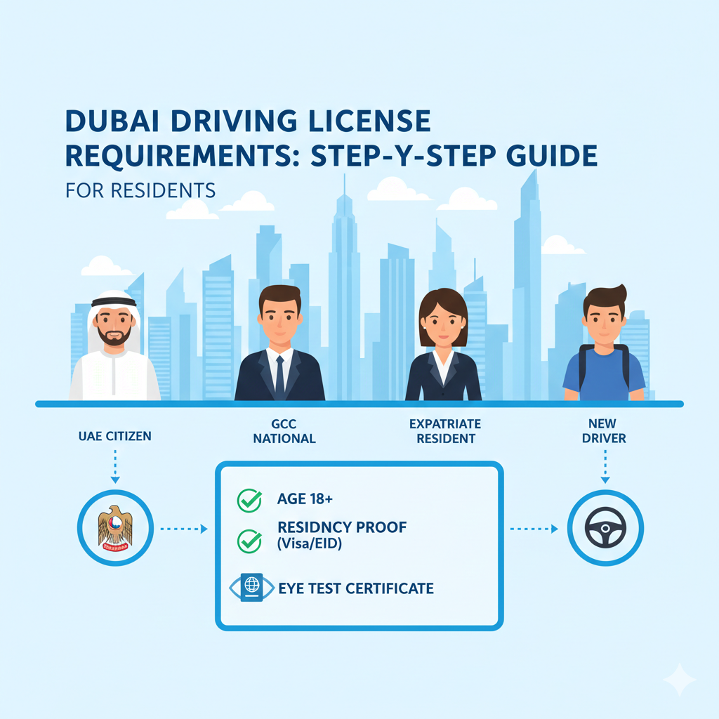 Infographic explaining Dubai resident driving license eligibility and legal requirements