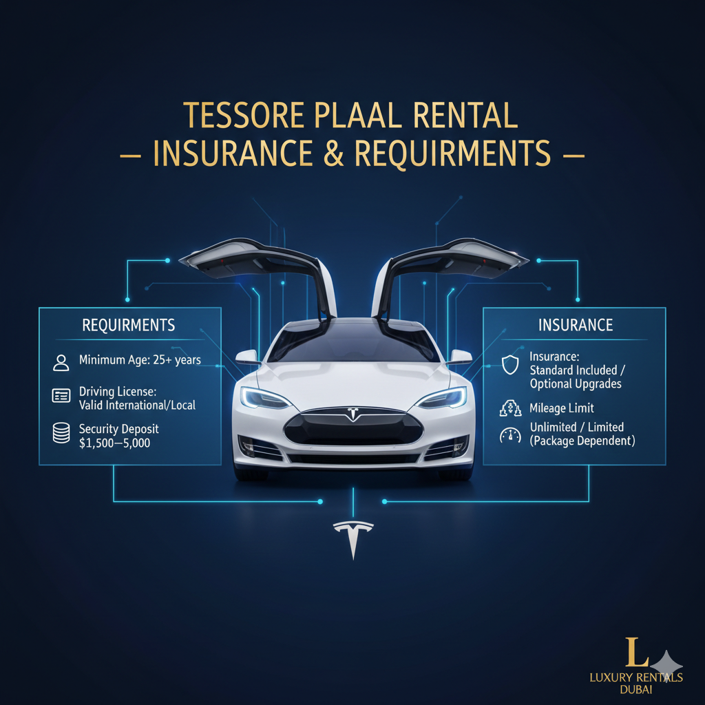 Luxury infographic-style user guide showing Tesla Model S Plaid in the center with title at the top and side spaces for insurance and rental requirements including Minimum Age 25+, Valid License, Security Deposit $1,500–$5,000, Standard/Optional Insurance, and Mileage Limit Unlimited/Limited.
