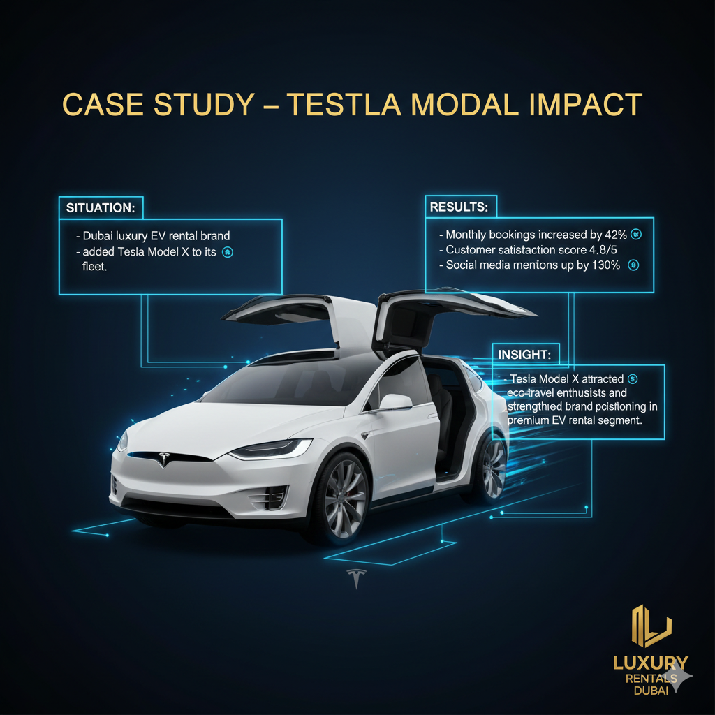 Case Study – Tesla Model X Rental Impact – User Guide Illustration Luxury infographic-style user guide showing Tesla Model X in the center with title at the top and side spaces for case study points including Situation, Results, and Insight of Tesla Model X Rental Impact.