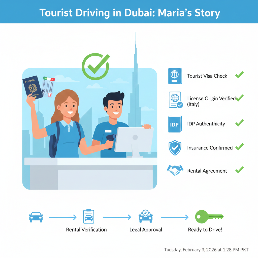 Visual showing a tourist presenting passport, Italian license, and IDP at a Dubai rental desk with icons for document verification and insurance, demonstrating compliance with tourist driving laws