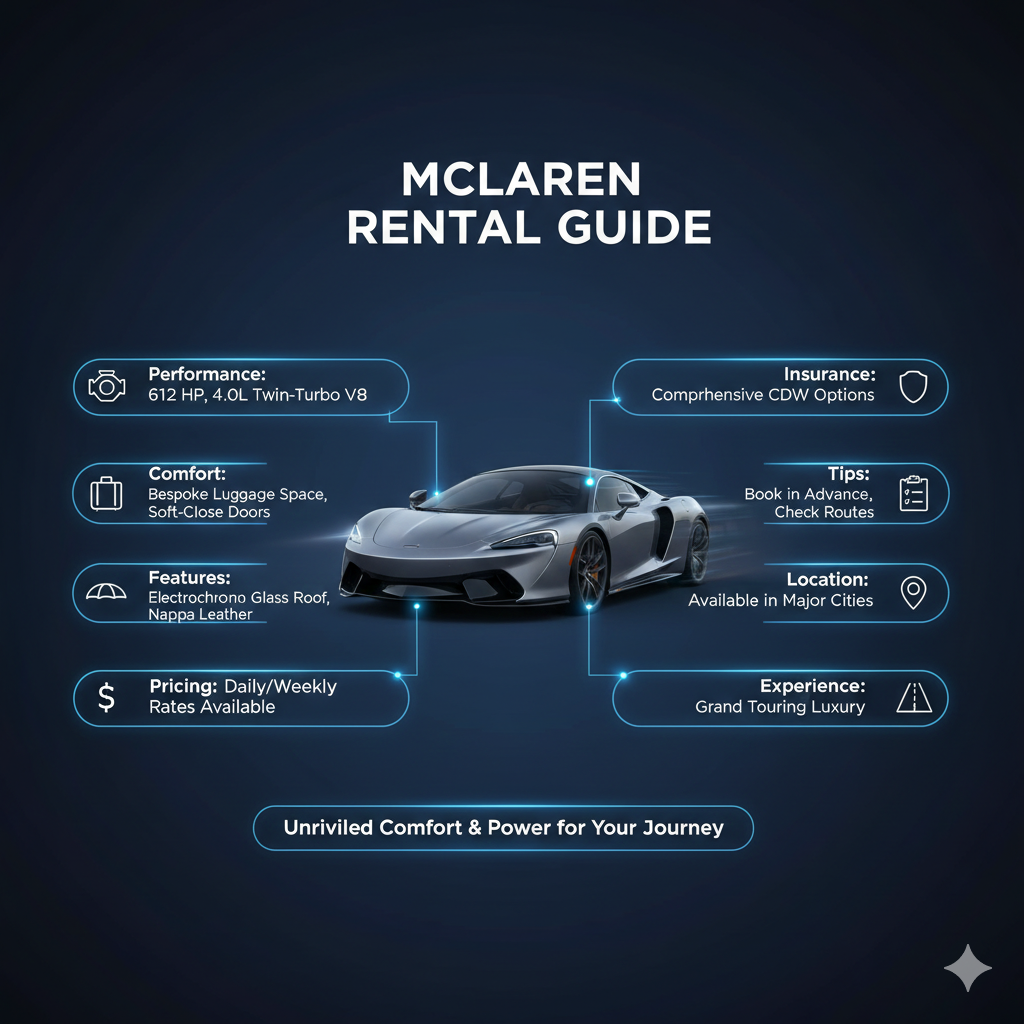 User guide style image showing McLaren GT in the center with animated effects, dynamic title at the top, and key points displayed as bullet points on both sides.