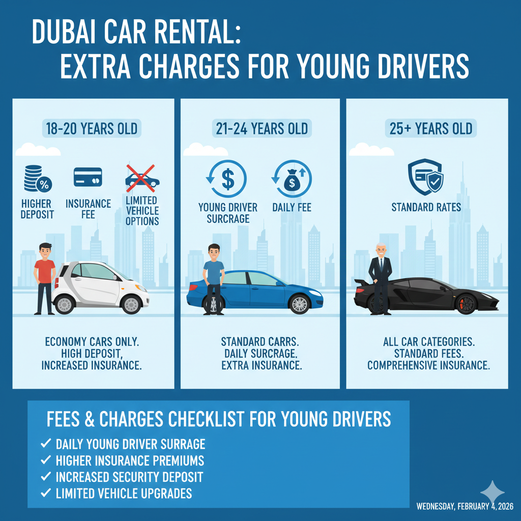Infographic showing extra charges for Dubai young drivers aged 18–24, including young driver surcharge, security deposit, insurance, and vehicle upgrade fees