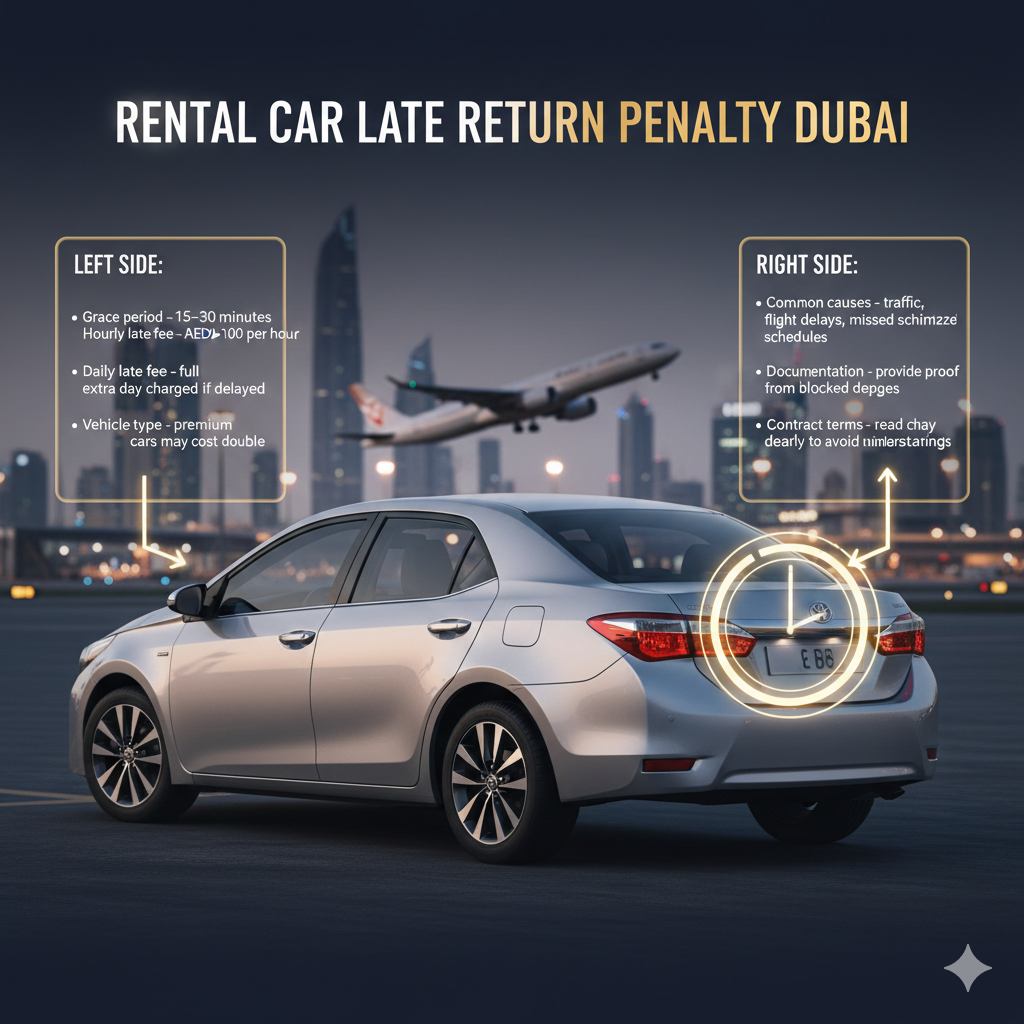 Infographic image showing a premium rental vehicle in Dubai with side panels summarizing late return penalties, including grace periods, hourly/daily fees, vehicle type, common causes, deposit impact, and contract terms.
