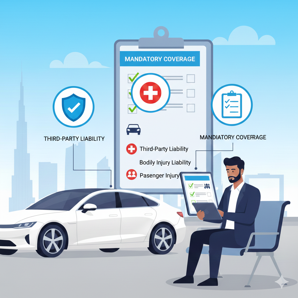 Dubai Basic Insurance Coverage Types — User Guide Infographic showing Dubai basic insurance coverage types including third-party liability, bodily injury, and passenger protection