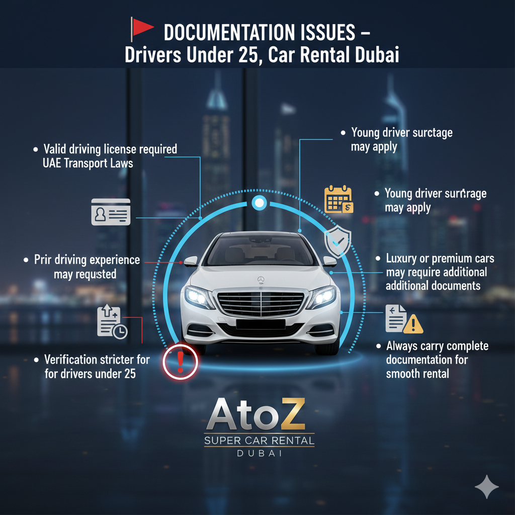 Infographic showing documentation requirements for drivers under 25 in Dubai car rentals, highlighting license validity and prior experience verification around a central rental car.