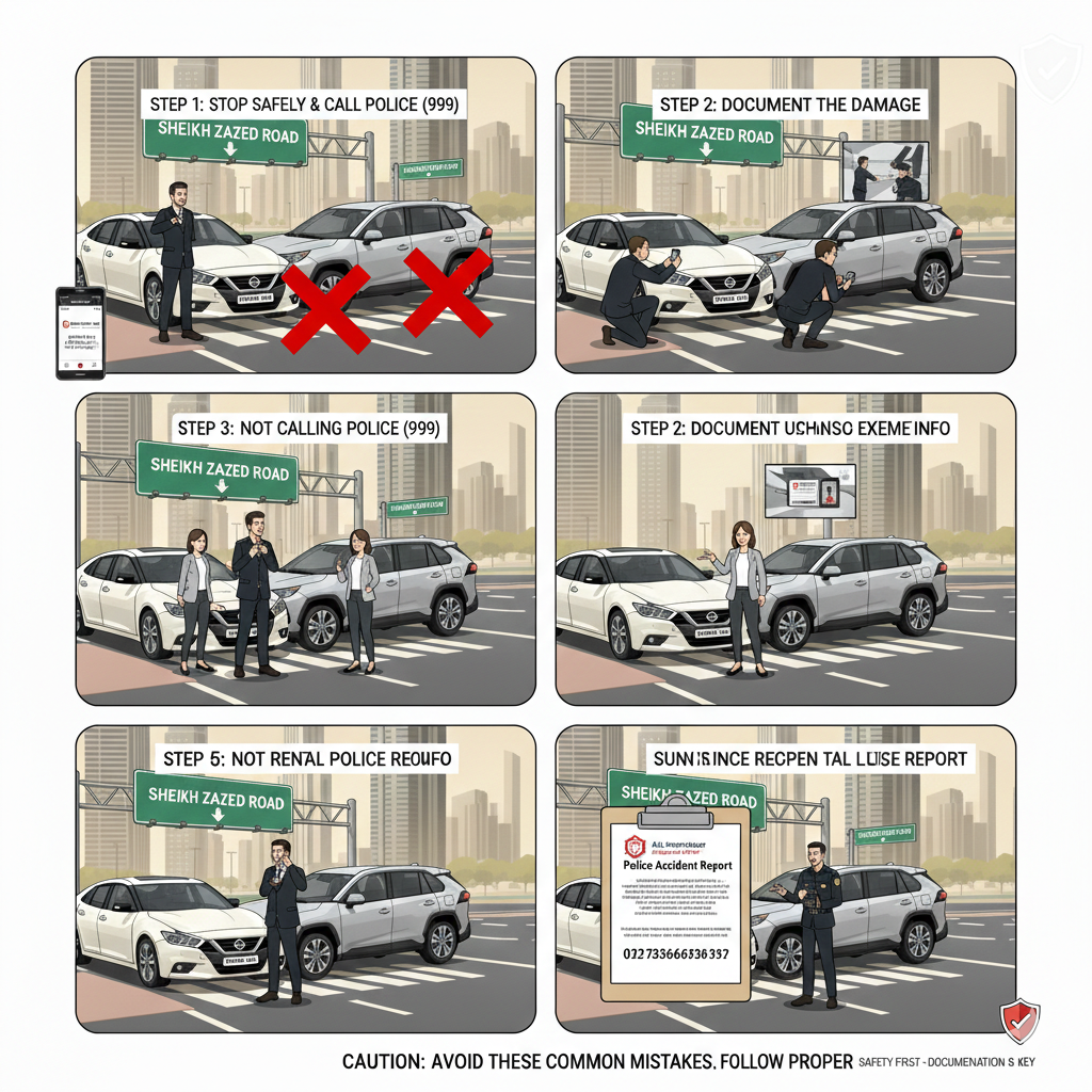 Case Study: Successful Accident Procedure for Rental Car Dubai Illustration of a tourist following all steps of the accident procedure for rental car Dubai: stopping safely, calling Dubai Police, documenting the scene, contacting the rental company, and submitting insurance documents.