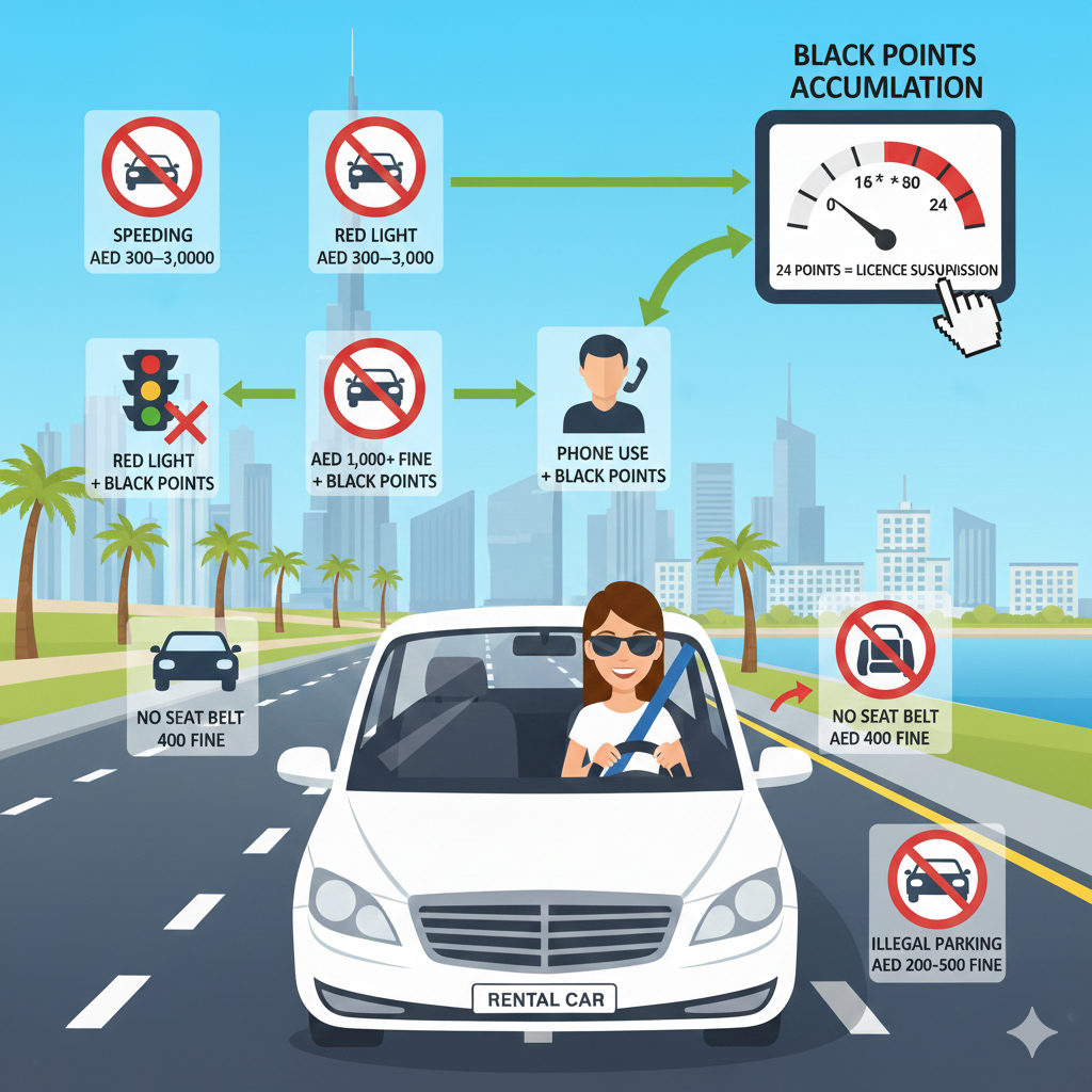 Common Fines & Black Points – Tourist Driving Laws Dubai “Infographic of a tourist driving in Dubai showing fines for speeding, red light, seat belt, phone use, and illegal parking, with black points meter, Dubai landmarks, user guide style illustration for tourist driving laws.”