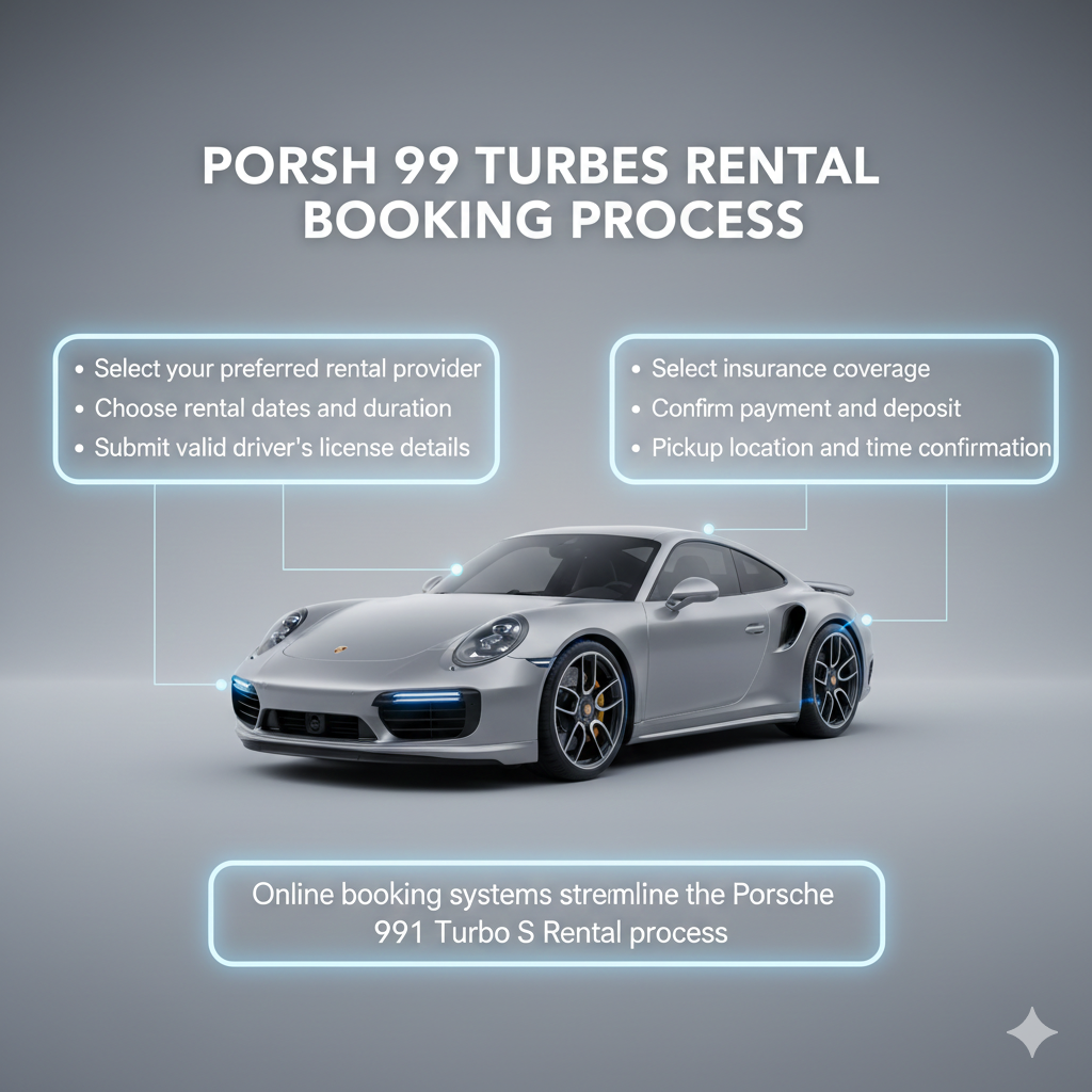 User guide style image showing Porsche 911 Turbo S in the center with animated effects, dynamic title at the top, and booking process bullet points on both sides.

