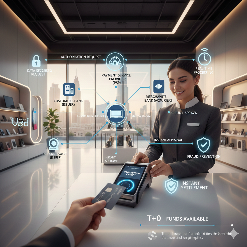 POS terminal connected to PSP and bank network in Dubai, showing real-time debit card authorization and settlement, illustrating debit card payment authorization rules Dubai.