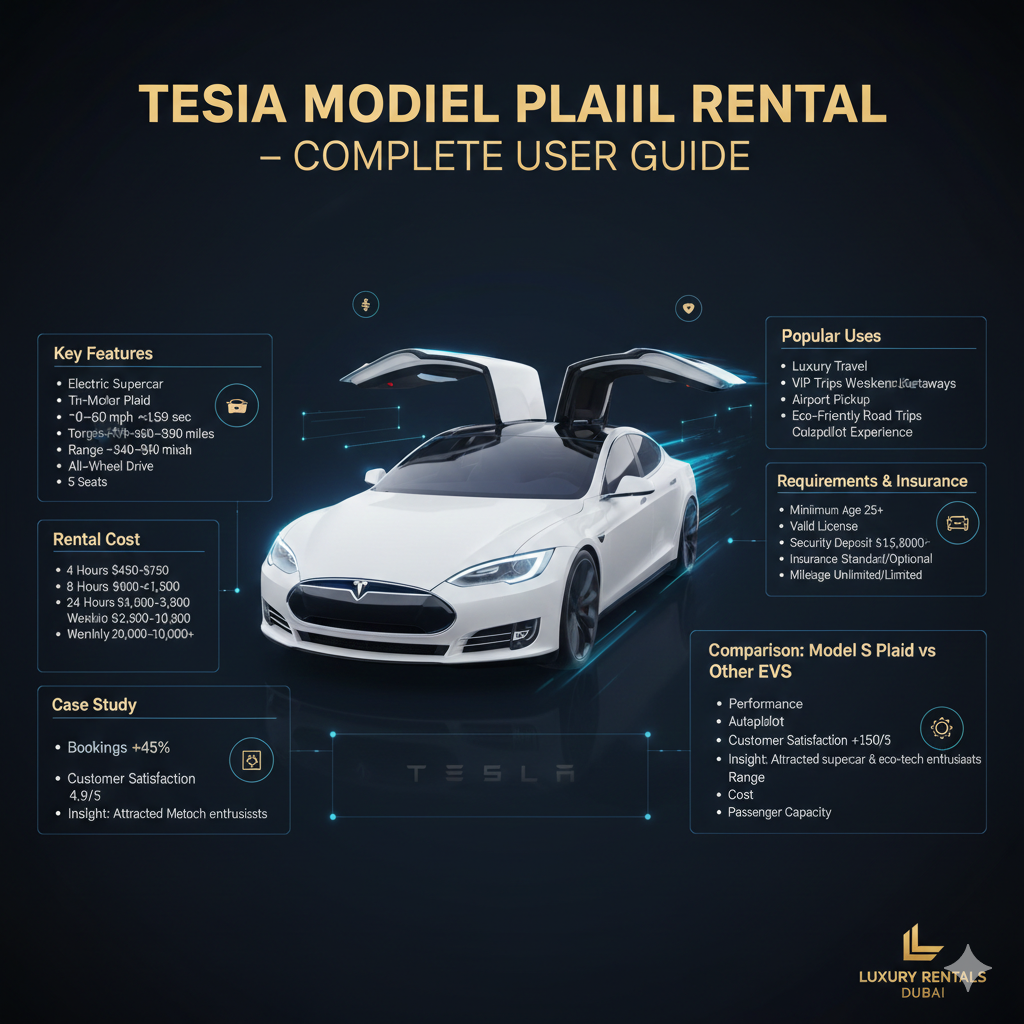 Luxury infographic-style user guide showing Tesla Model S Plaid in the center with title at the top and side spaces for key points including features, rental cost, popular uses, requirements, case study, and comparison in animated infographic style.