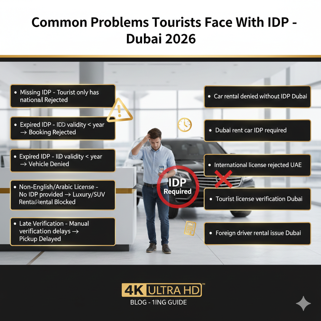 Infographic showing common problems tourists face renting cars in Dubai without a valid IDP, including missing IDP, expired IDP, non-English/Arabic license, and verification delays, with luxury car blocked.
