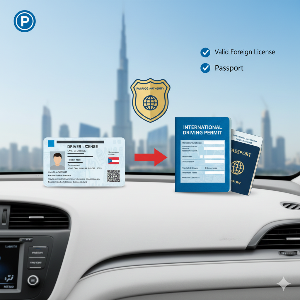 Infographic showing foreign driver license paired with international driving permit for legal driving in Dubai
