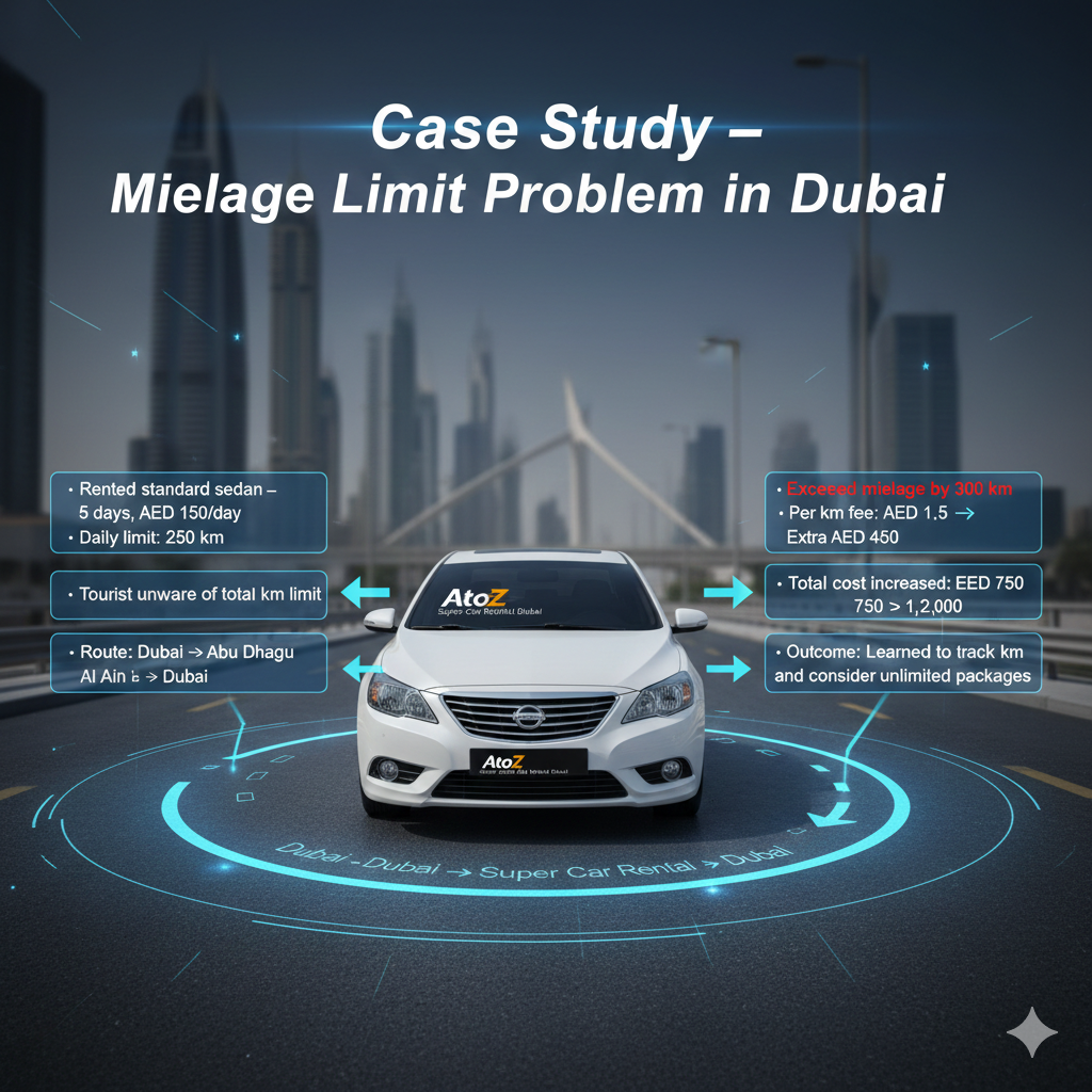 Case Study – Mileage Limit Problem in Dubai Car Rentals 2026 Infographic-style image showing standard sedan from AtoZ Super Car Rental Dubai with a case study highlighting a tourist exceeding daily mileage limit: Dubai → Abu Dhabi → Al Ain → Dubai, per km fee AED 1.5, total cost increase from AED 750 to AED 1,200.