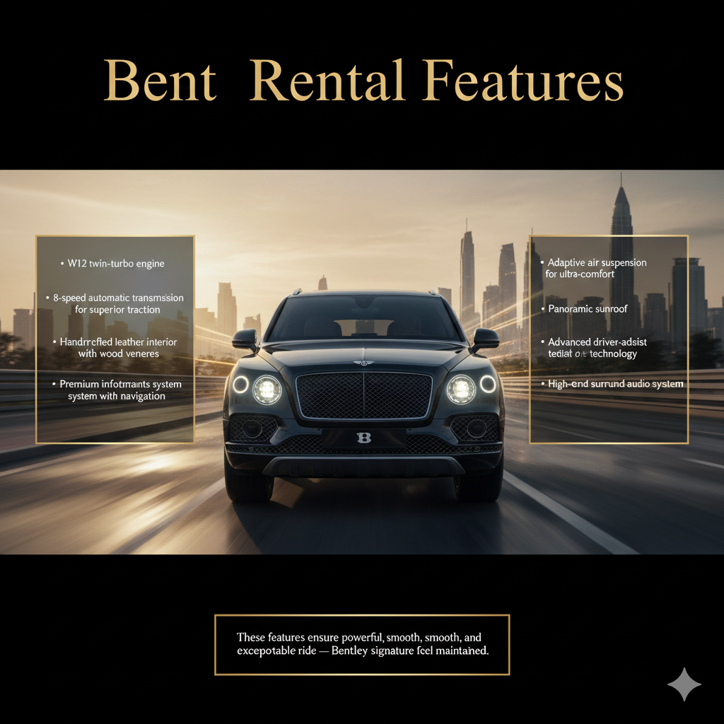 Bentley Bentayga rental features infographic showing W12 engine, all-wheel drive, handcrafted interiors, panoramic sunroof, and premium SUV amenities in cinematic Dubai editorial layout.