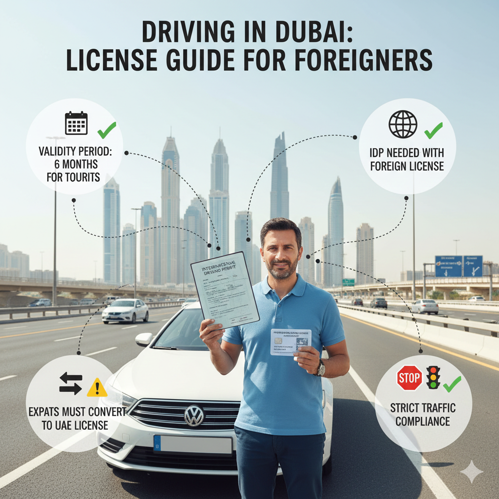 Foreign driver holding international driving license in Dubai with checklist of rules, IDP, and conversion guidance.