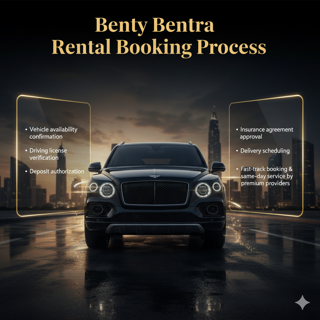 Bentley Bentayga rental booking process infographic showing step-by-step workflow with fast-track and same-day service in cinematic luxury SUV editorial layout.