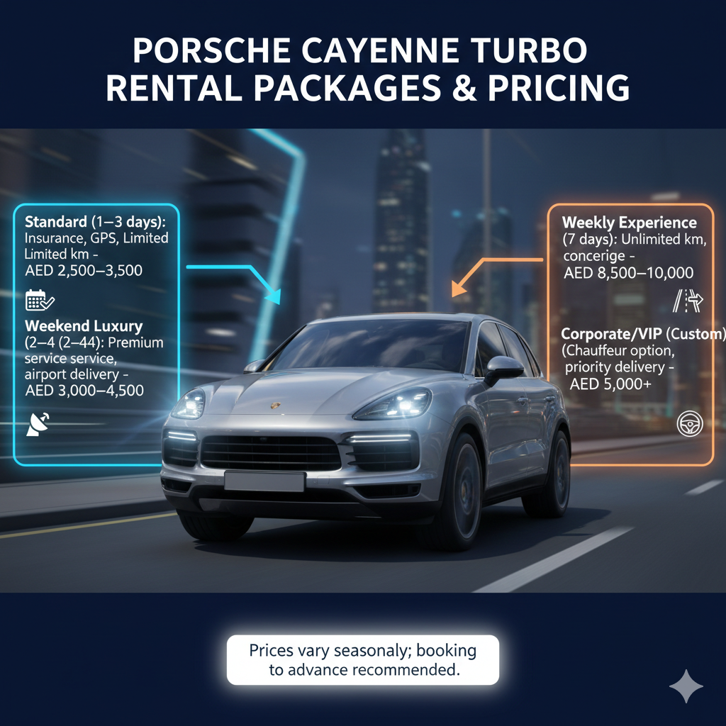 "Infographic showing Porsche Cayenne Turbo rental packages and pricing, central car with glowing headlights, rental packages displayed on sides, title on top."