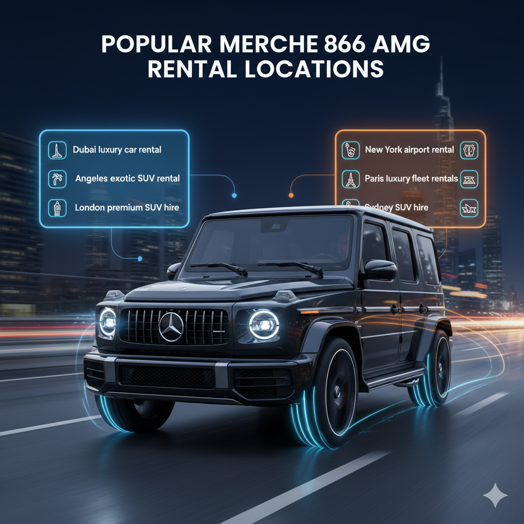 "Mercedes G63 AMG – Popular Rental Locations" "Feature image for Mercedes G63 AMG rental locations guide with title at the top, popular rental cities as bullet points on sides, and luxury SUV in the center with animated highlights."