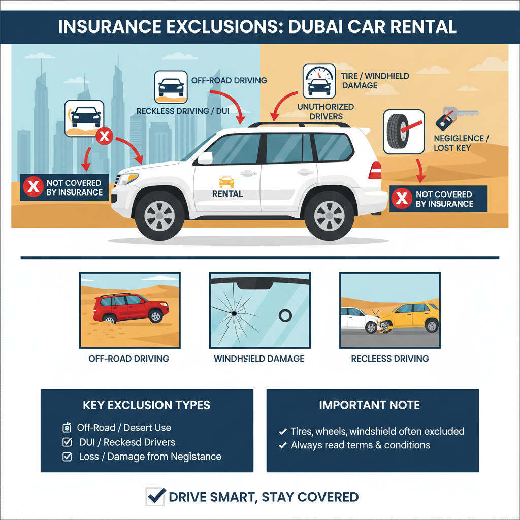 Illustration of Dubai rental car with labeled scenarios showing insurance exclusions, including off-road driving, reckless driving, DUI, unauthorized drivers, negligence, and tire or windshield damage