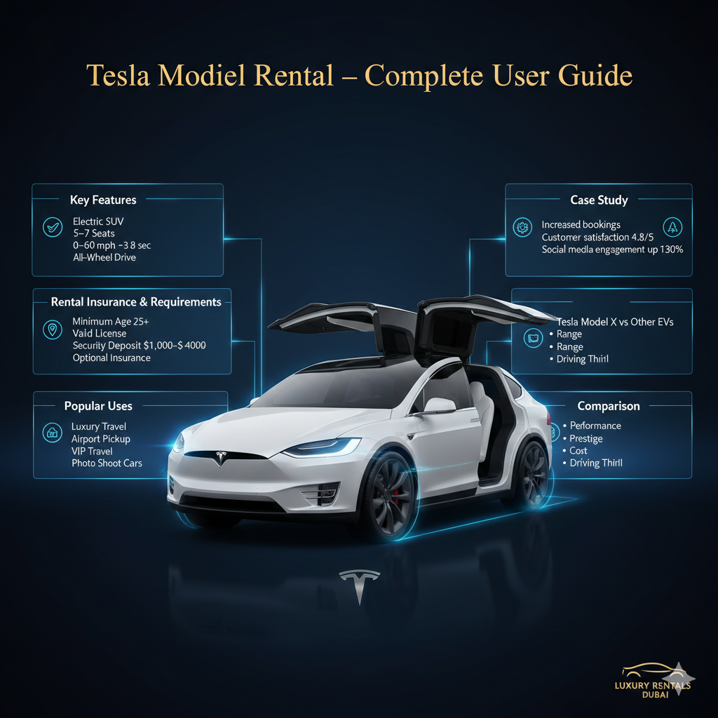 Luxury infographic-style user guide showing Tesla Model X in the center with title at the top and side spaces for key points including features, rental requirements, popular uses, case study, and comparisons in animated infographic style.