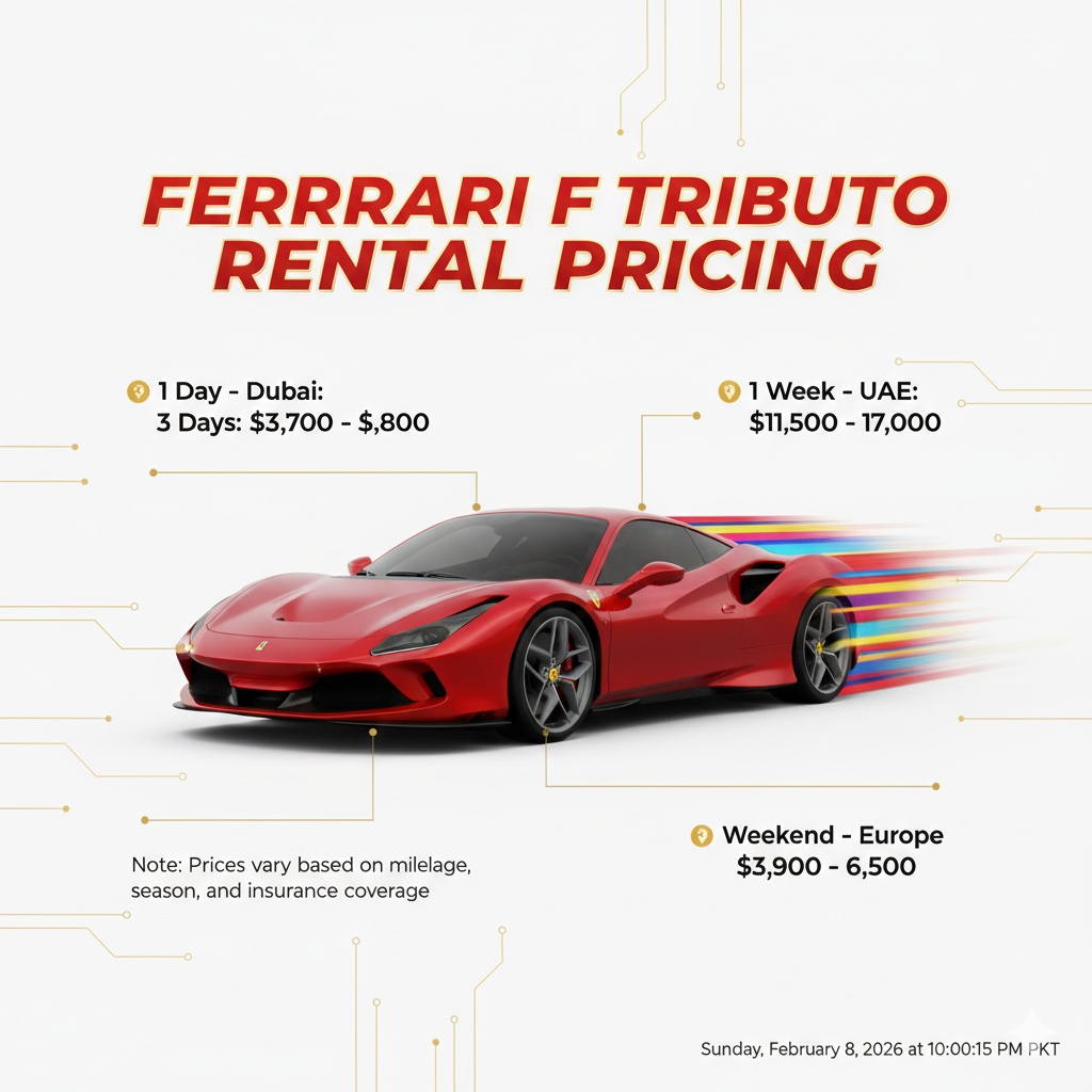 "Ferrari F8 Tributo Rental Pricing – Premium User Guide Visual" "High-quality animated user guide image showing the title 'Ferrari F8 Tributo Rental Pricing 2026' at the top, central Ferrari F8 Tributo illustration, and side bullet points listing rental durations, locations, and prices."
