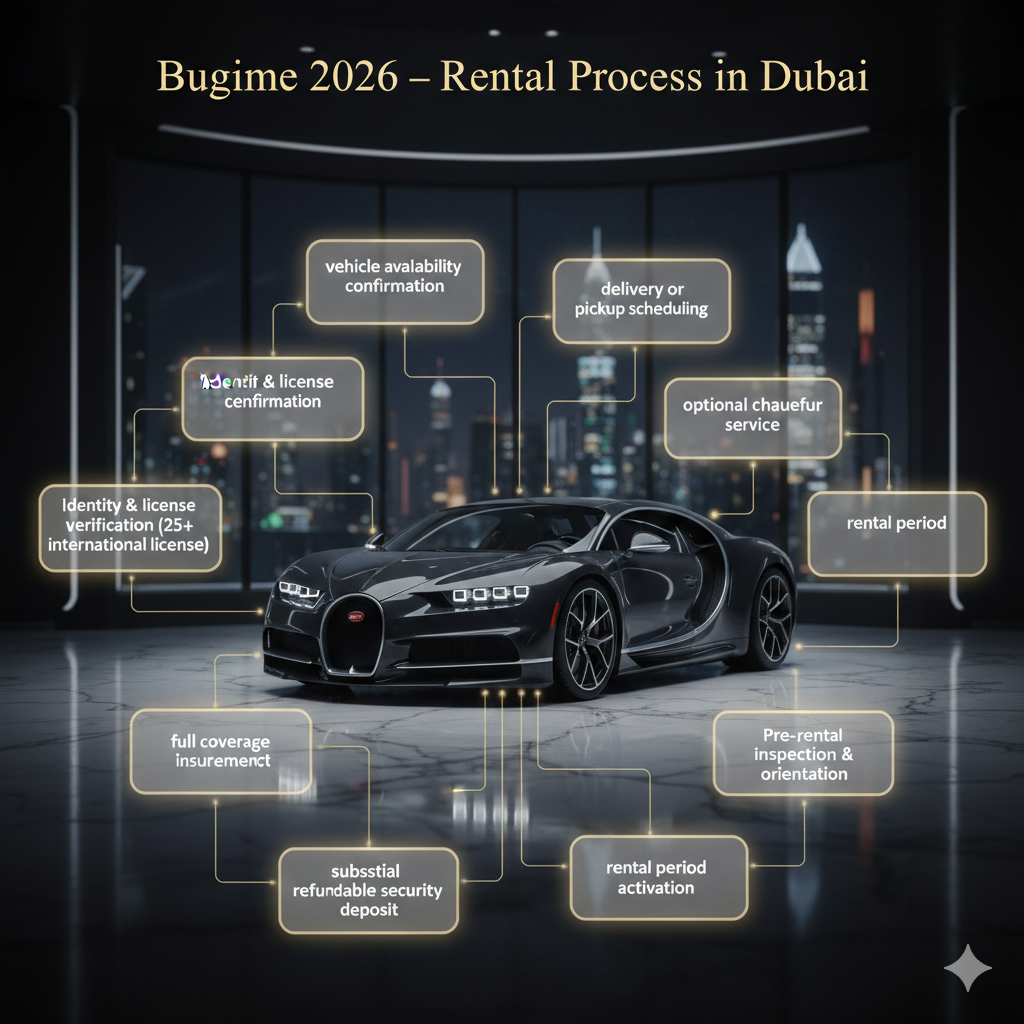 Bugatti Chiron 2026 luxury rental process infographic showing key booking steps around the hypercar in Dubai