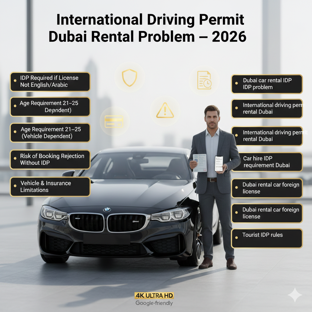 Infographic showing a tourist facing car rental issues in Dubai due to International Driving Permit (IDP) requirements, license verification, age rules, and insurance limitations.