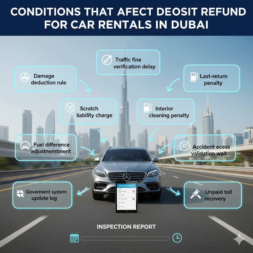 “Animated user guide showing conditions affecting car rental deposit refunds in Dubai, featuring a luxury car in the center, key deductions like damage, fuel, late return, and smoking fees displayed on the sides, with an inspection checklist highlighted.”