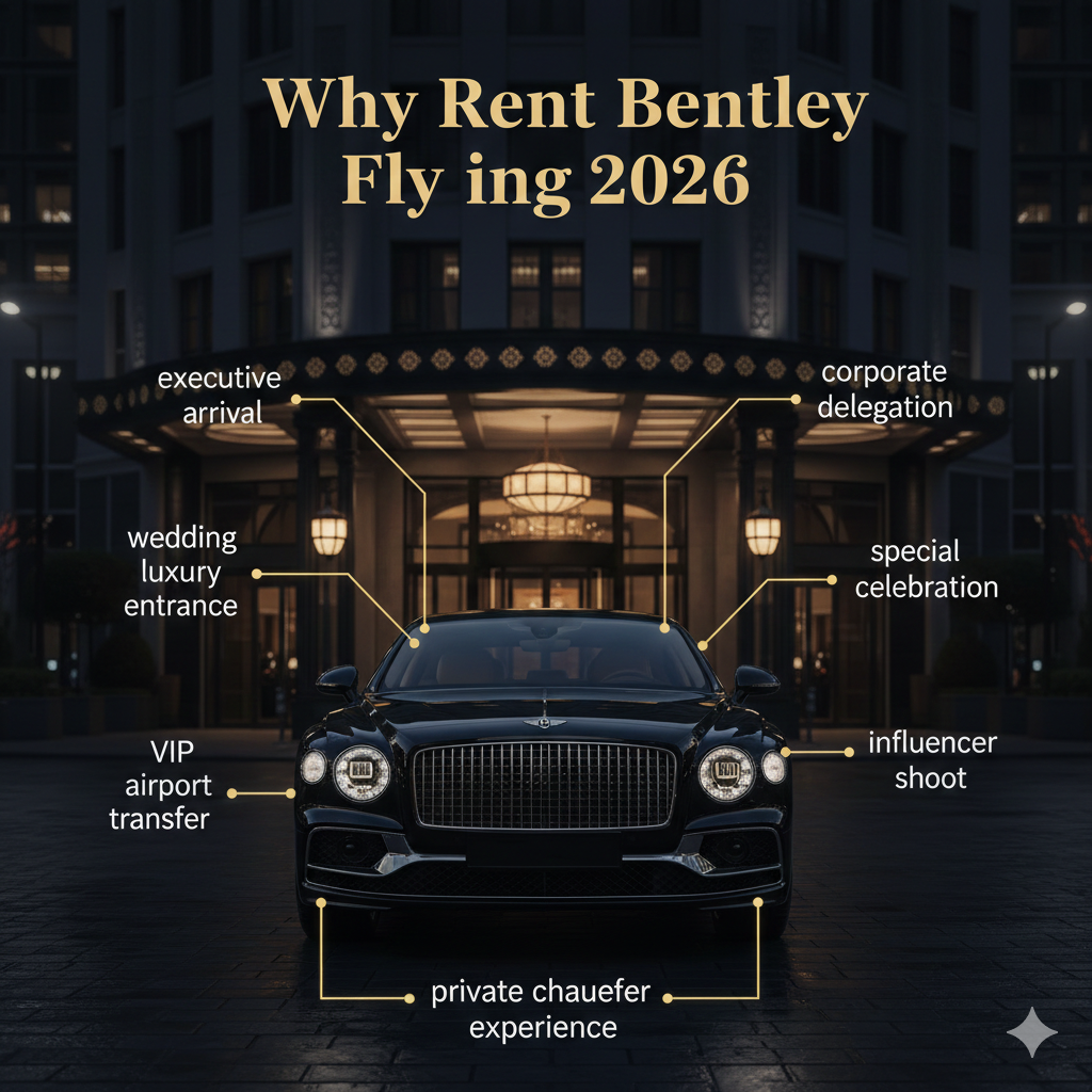 Bentley Flying Spur luxury rental poster showing executive arrival and VIP moments with infographic highlights