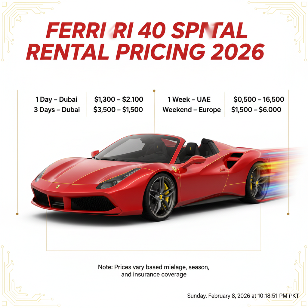 "Ferrari 488 Spider Rental Pricing – Premium User Guide Visual" "High-quality animated user guide image showing the title 'Ferrari 488 Spider Rental Pricing 2026' at the top, central Ferrari 488 Spider illustration, and side bullet points listing rental durations, locations, and prices."