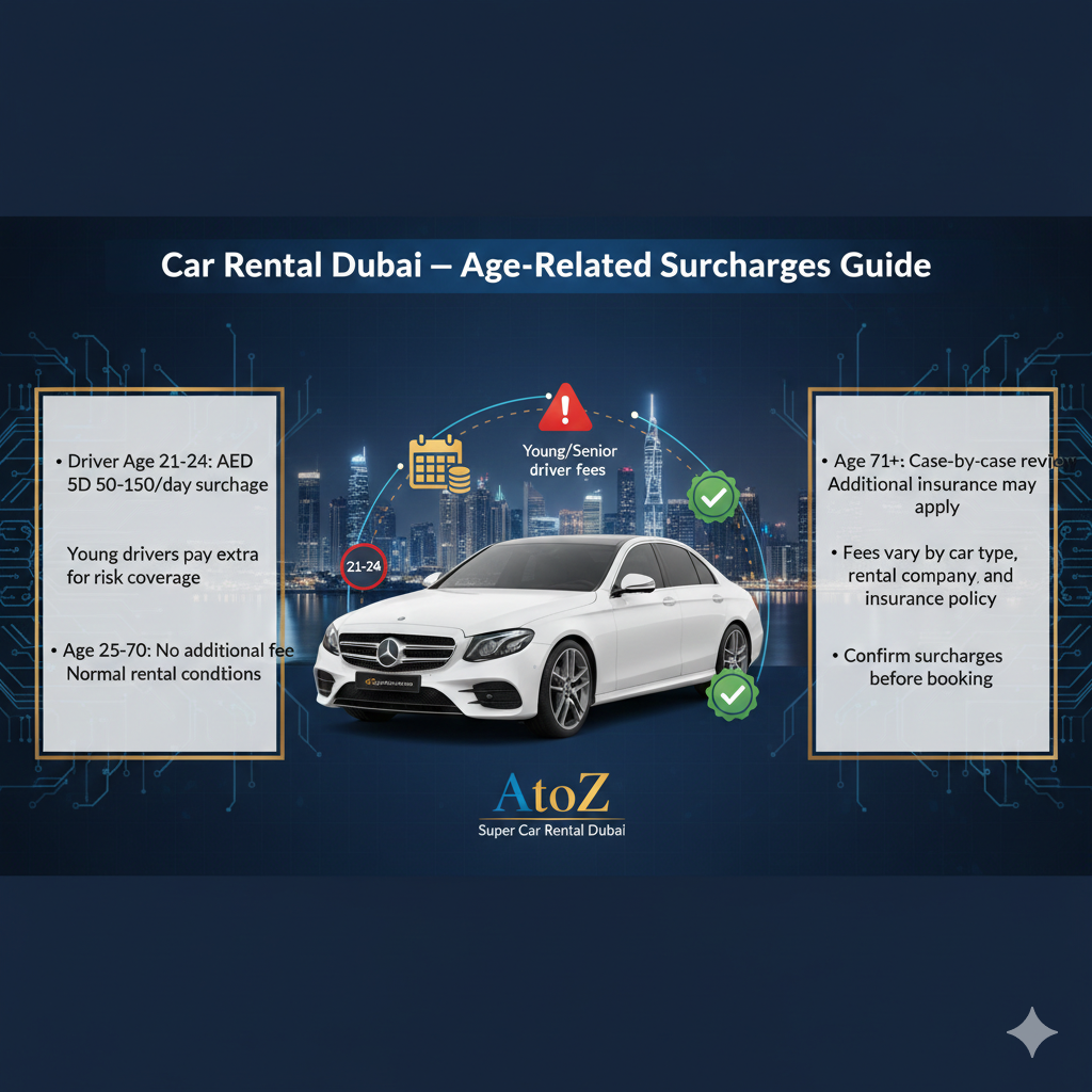 Infographic showing age-related surcharges for car rentals in Dubai, highlighting fees for young drivers, standard conditions, and senior driver considerations around a central luxury car.