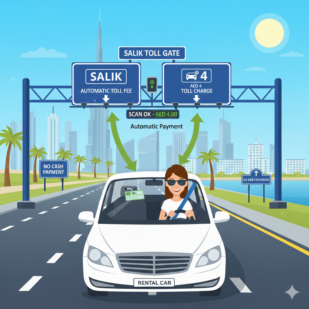 Salik Toll System – Tourist Driving Laws Dubai “Tourist driving a car under a Salik toll gate in Dubai, infographic showing automatic fee payment, road signs, and city landmarks, user guide style for understanding toll system under tourist driving laws Dubai.”