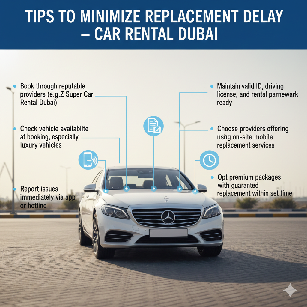 Visual guide showing tips to minimize car rental replacement delay in Dubai, featuring luxury vehicle with readiness indicators and side bullet points for actionable tips.