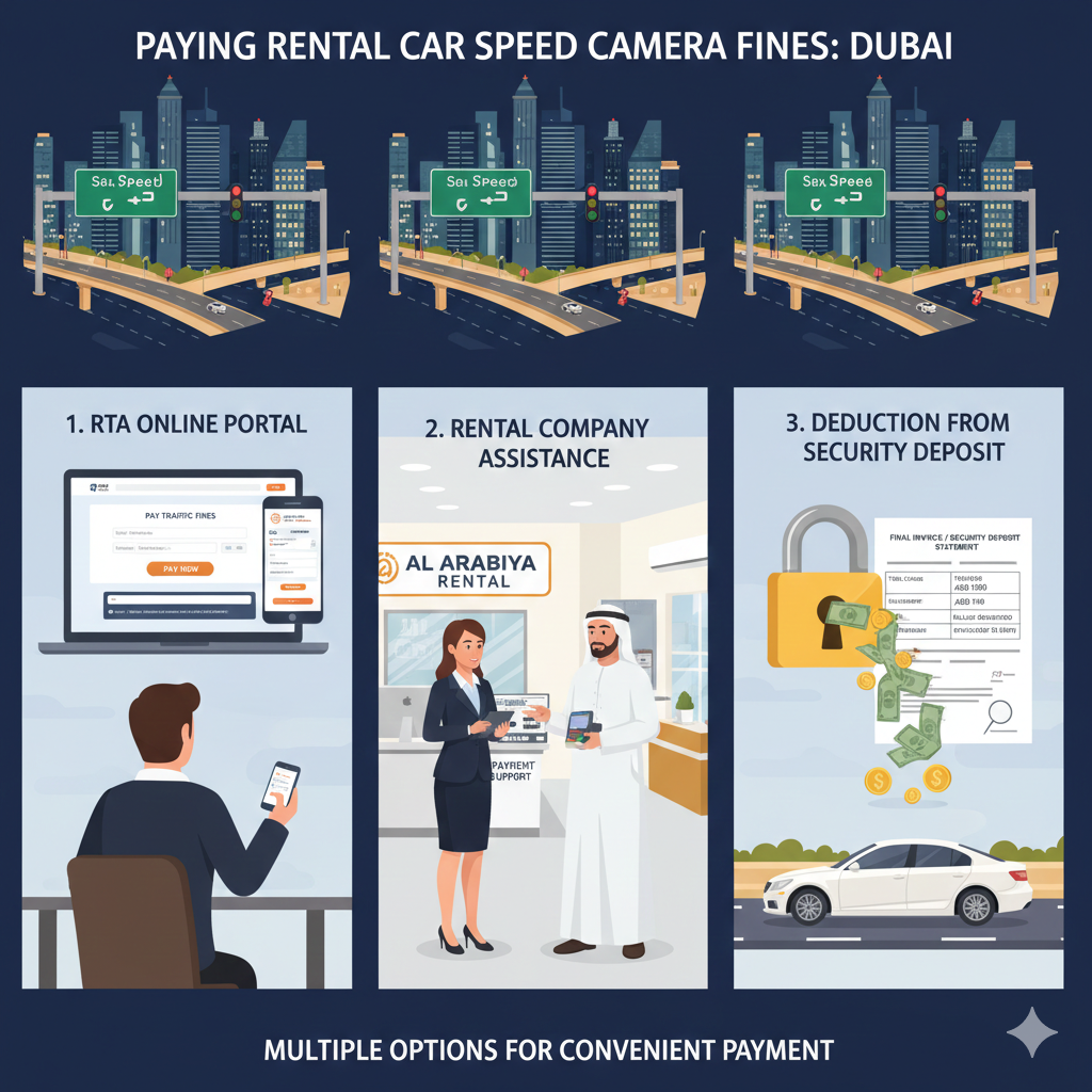 Paying Speed Camera Fines Dubai 2026 – Feature Image Illustration showing a driver paying a speed camera fine online via RTA portal, a rental company office assisting with payment, and fines being deducted from a security deposit, with Dubai traffic cameras and road signs visible.