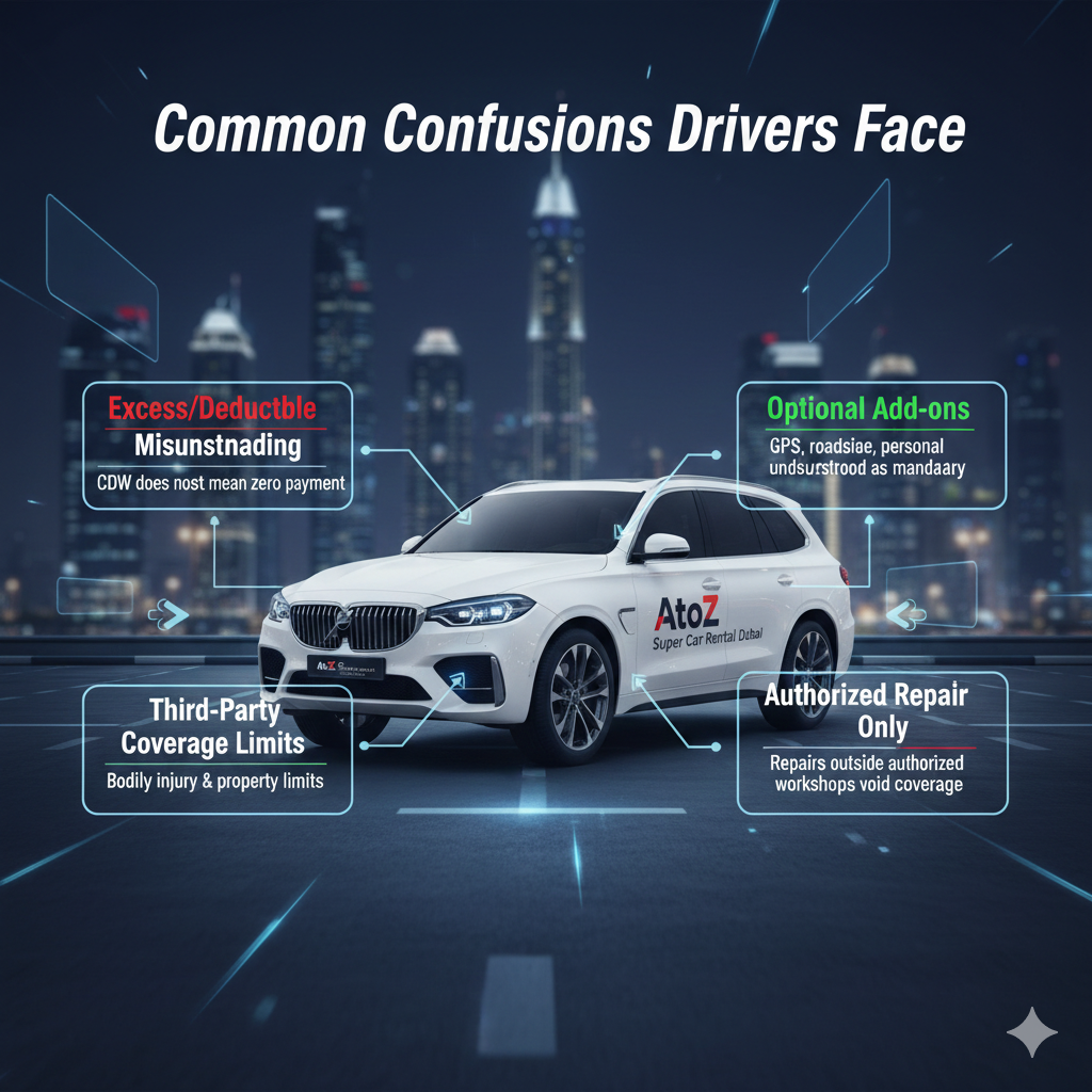 Common Confusions Drivers Face – Dubai Rental Car Insurance Guide 2026 Infographic-style image showing luxury rental car with AtoZ Super Car Rental Dubai branding and key driver confusions: excess/deductible, third-party coverage limits, optional add-ons, and authorized repair requirements.