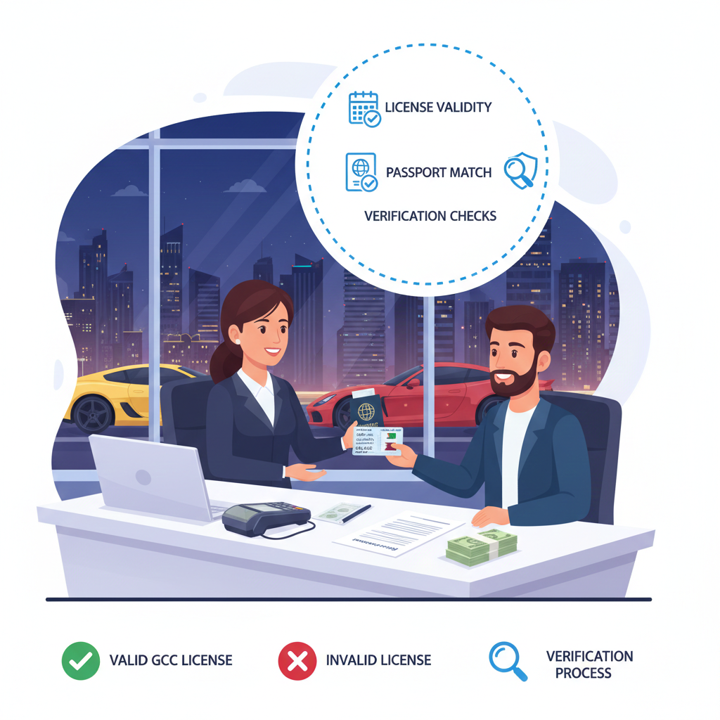 Dubai car rental customer showing GCC driving license and passport to clerk, illustrating license validity, verification, and acceptance for car rental Dubai.